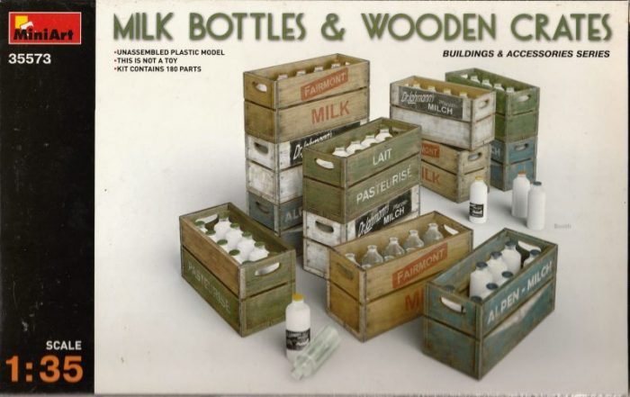 MINI ART MILK BOTTLES & WOODEN CRATES