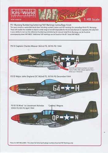 DECALCOMANIES KITS WORLD KW148028 WAR BIRDS P51 MUSTANG