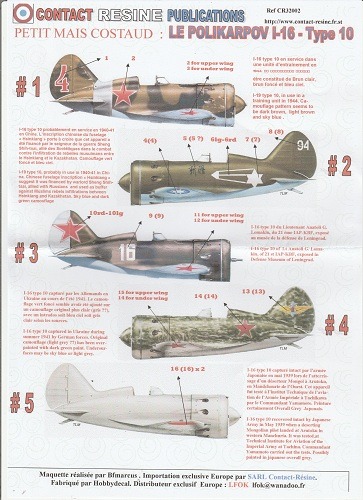CONTACT RESINE PUBLICATIONS CR32002 DECALCOMANIES LE POLIKARPOV I-16 - TYPE 10